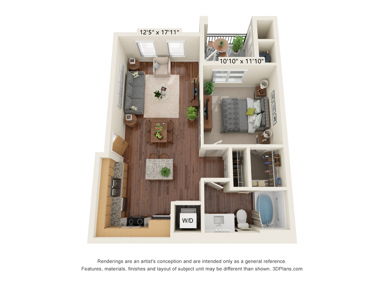 Floor plan for 1 bed, 1 bath, 733 sqft
